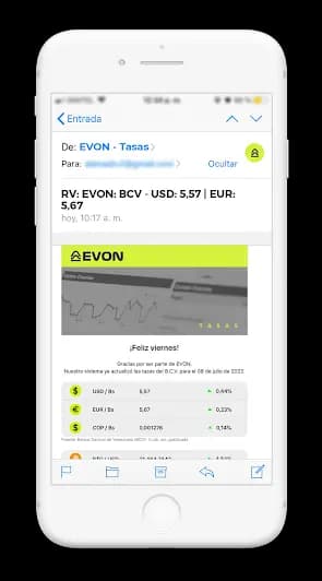 Teléfono móvil mostrando el correo de  la tasas de EVON-Tasas